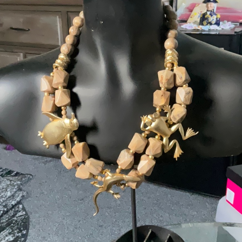 Stone Gold Tone Penguin, Gecko and Frog Necklace